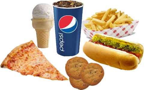 pizza, fries, hot dog, soda